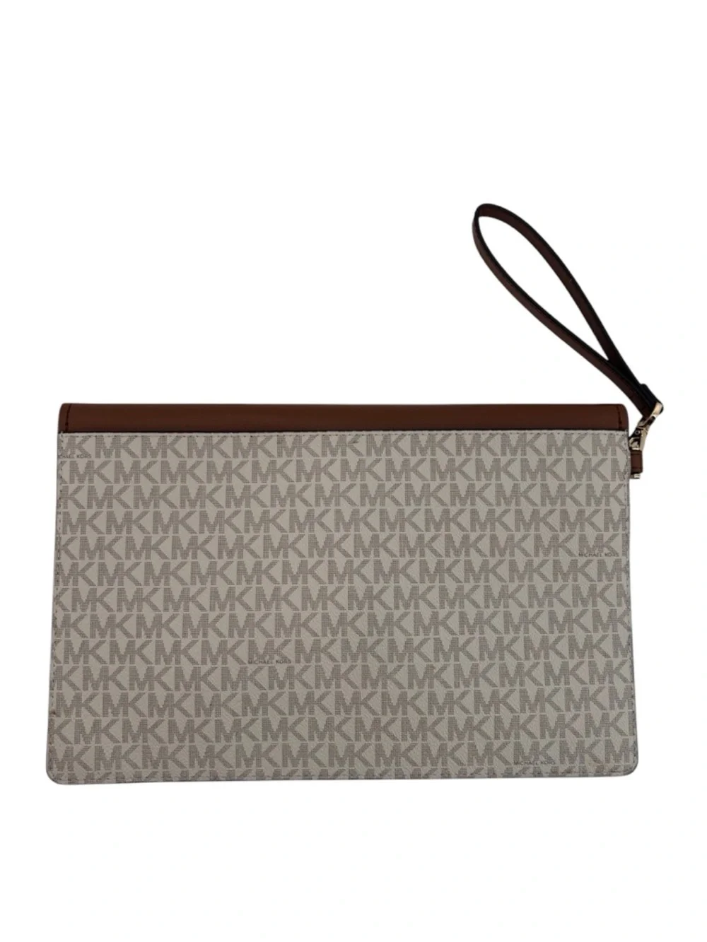 Michael Kors Maisie Leather Brown White Canvas GHW XL Envelope Clutch Wristlet - Picture 2 of 6